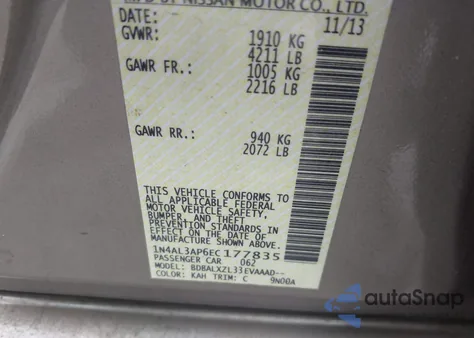 2014 Nissan Altima 2.5/2.5 S/2.5 Sl/2.5 Sv z USA, uszkodzony, nr VIN 1N4AL3AP6EC177835